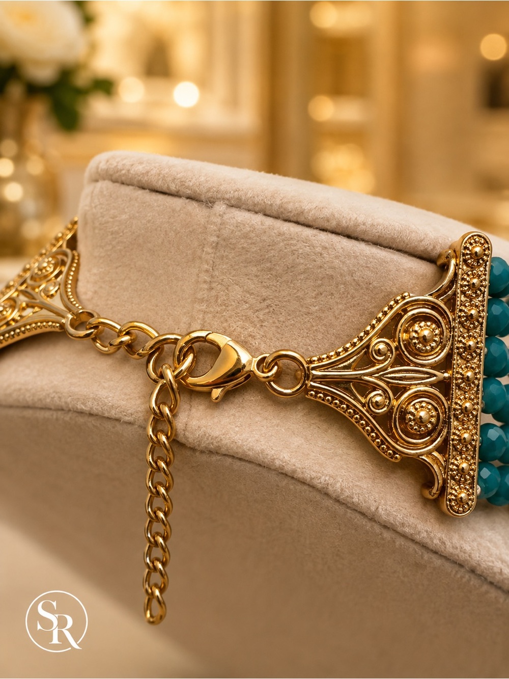 Turquoise Acrylic Multi-Strand Choker Necklace & Drop Earrings Statement Set - Picture 3 of 7